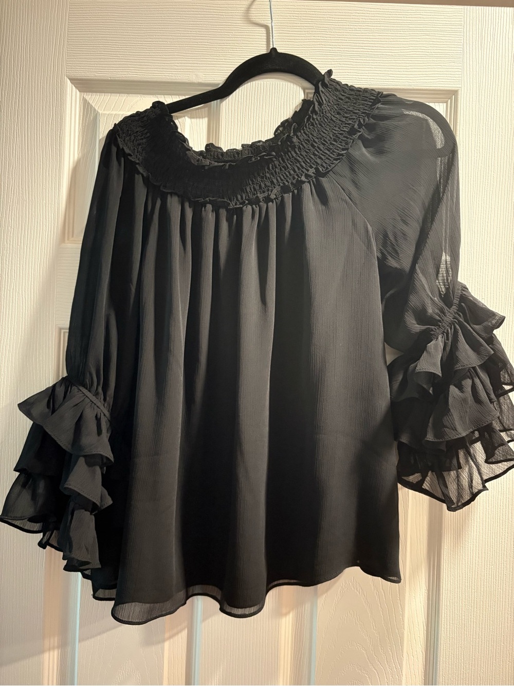 Express Black Smocked Neck Ruffle-Sleeve Blouse